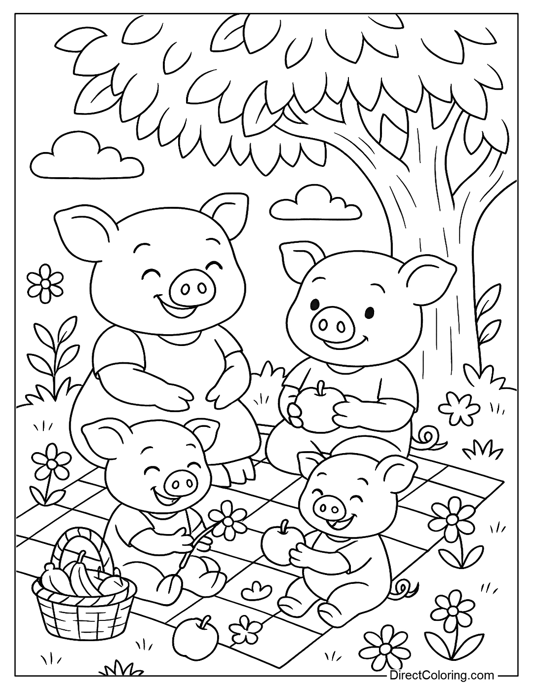 Pig Family Picnic Coloring Page